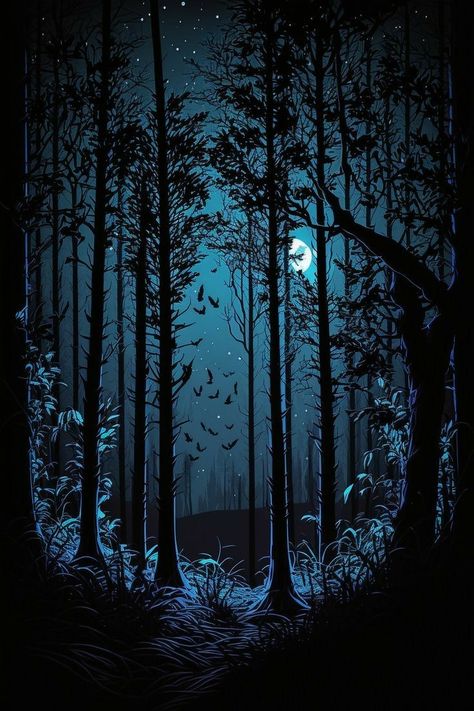 Dark Forest Art Paintings, Night Forest Drawing, Forest Night Painting, Forest At Night Painting, Spooky Forest Painting, Dark Forest Aesthetic Night, Night Forest Aesthetic, Dark Forest Drawing, Night Forest Background