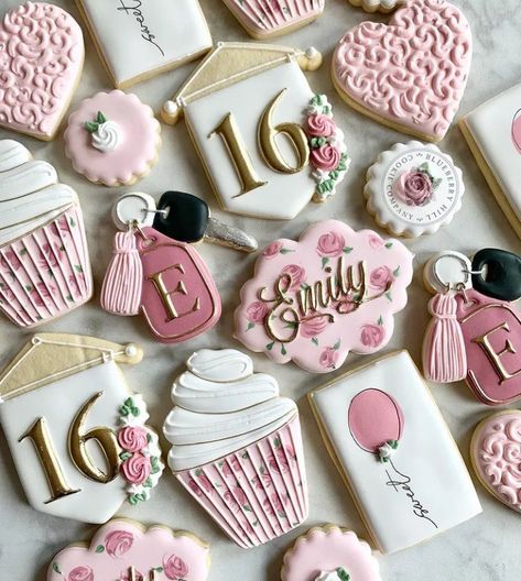 16th Birthday Cookies Girl, Sweet Sixteen Cookies Decorated, Sweet 16 Cookies Decorated, Pink Birthday Cookies, 16 Birthday Cookies, Sweet 16 Sugar Cookies, 16th Birthday Cookies, Sweet Sixteen Cookies, Sweet 16 Cookies