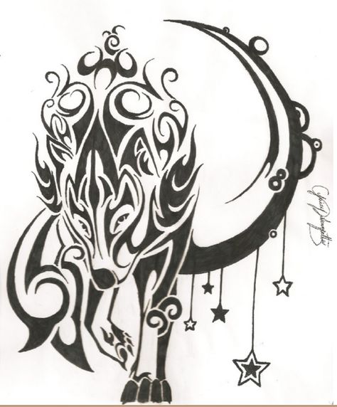 Wolf and Moon Tattoo Wolf, Wolf Tattoo, A Wolf, Moon, Black And White, Stars, White, Black