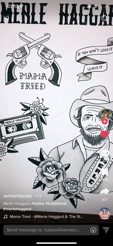 Mama Tried Merle Haggard Tattoo, Old Country Tattoos, 90s Country Tattoo, Country Music Sleeve Tattoo, Mama Tried Tattoo Ideas, Nashville Tattoo Ideas Country Music, Koe Wetzel Tattoo Ideas, Country Music Tattoos Men, Whiskey Bent And Hell Bound Tattoo