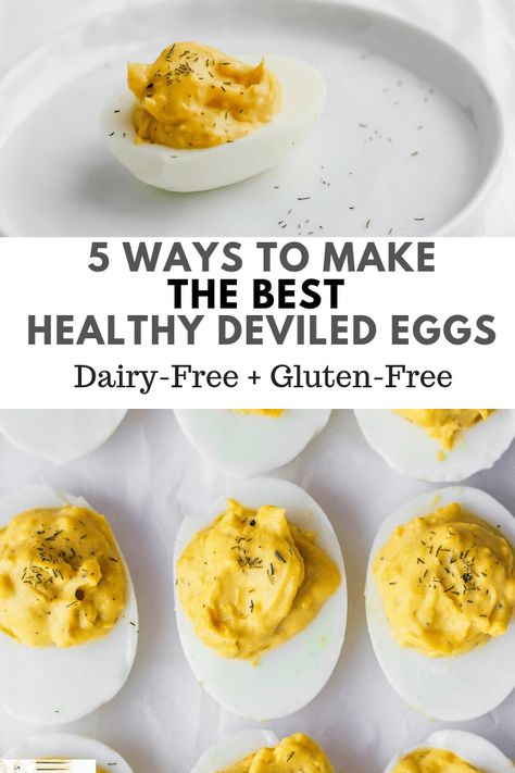 5 Ways to Make the BEST Healthy Deviled Eggs - 5 healthy spins on the classic recipe! #healthydeviledeggrecipe #healthydeviledeggs #deviledeggs #appetizers #healthyappetizer Healthy Deviled Eggs Recipe, Paleo Deviled Eggs, Healthy Deviled Eggs, Wooden Skillet, Devilled Eggs Recipe Best, Dairy Free Pasta, Dairy Free Soup, Dairy Free Snacks, Healthy Appetizer Recipes