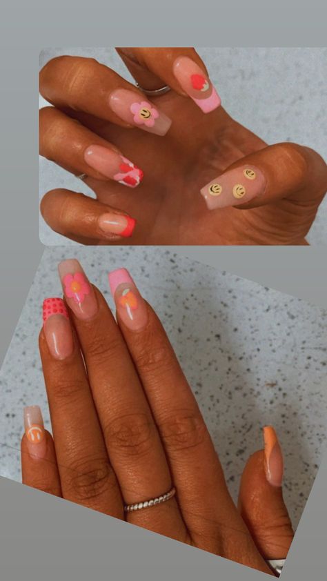 #flowernails #flowers #nails #pinknails #orange #smiley #coffin #mediumlengthnails #cutenailideas Smiley Flower Nails, Pink Acrylic Nails With Smiley Face, Flower Smiley Nails, Y2k Nails Flowers, Groovy Nails Flowers, Smiley Nails, Flower Smiley, Smiley Flower, Flowers Nails