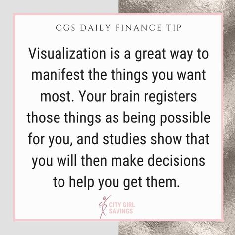 Now, visualization allows me to see what I want to accomplish. I can picture myself after I’ve accomplished the goal. Visualization doesn’t necessarily tell you HOW you can get to what you’re visualizing, but it does open your mind to what’s possible. Leverage #visualization to help you imagine what’s possible for your life! Check out the #citygirlsavings podcast episode all about the power of visualization! What Do I Want Out Of Life, Power Of Visualization, Brain Rewire, Goal Visualization, Visualize Quotes, I Get What I Want, Health Campaign, How To Visualize, Mental Health Campaigns