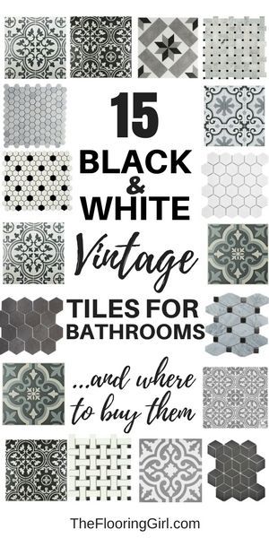 15 black and white stenciled and vintage tiles for a retro, vintage or farmhouse style. Black And White Tile, Vintage Tiles, Bathroom Farmhouse Style, Black And White Tiles, Unique Bathroom, Vintage Tile, Trendy Bathroom, Bathroom Floor Tiles, White Tiles