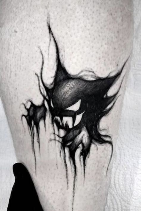 Unique Tattoo Sleeve, Horror Tattoo Ideas Dark Art, Tattoo Ideas Dark Art, Tattoo Ideas Dark, Yugioh Tattoo, Designer Tattoo Ideas, Gengar Tattoo, Cover Up Tattoo Design, Horror Tattoo Ideas