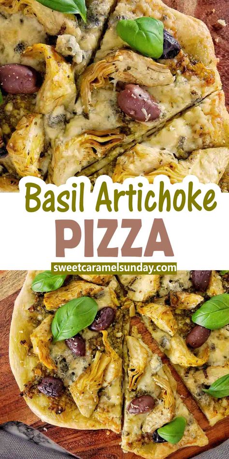 Basil Artichoke Pizza is quick, easy and delicious! Full of flavour, the pizza has a pesto sauce, artichoke, blue cheese and olive topping with fresh basil added for serving!#easyrecipe #pizza @sweetcaramelsunday Pesto Pizza Toppings, Healthy Vegetarian Lunch, Basil Pizza, Artichoke Pizza, Greek Pizza, Pesto Pizza, Vegetarian Main Dishes, Best Italian Recipes, Vegetarian Lunch