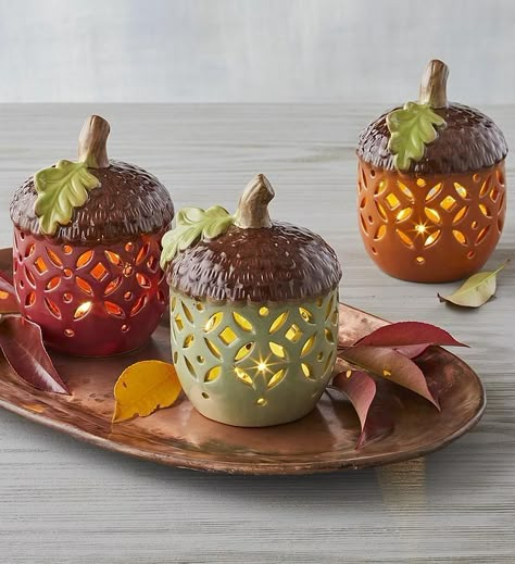 Acorn Lights, Pumpkin Pottery, Battery Operated Tea Lights, Autumn Lights, Pottery Crafts, Ceramics Ideas Pottery, Thanksgiving Table, Clay Pottery, Clay Projects