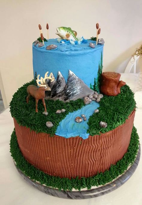 Hunting and fishing birthday cake Hunting Birthday Party Ideas, Camo Party Decorations, Hunting Birthday Cakes, Deer Hunting Birthday, Hunting Birthday Party, Hunting Cake, Deer Cakes, Camo Birthday, Hunting Birthday