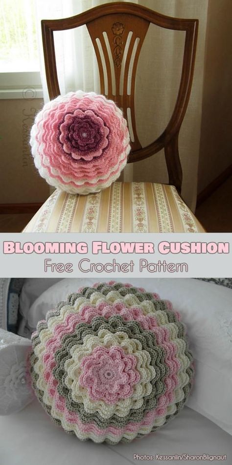 Blooming Flower Cushion Free Crochet Pattern #freecrochetpatterns #crochetpillow #crochetcushion by bertha Flower Pillow Pattern, Crochet Pillow Patterns Free, Crochet Cushion Pattern, Crochet Flower Blanket, Crochet Puff Flower, Beau Crochet, Flower Cushion, Crochet Pillow Cover, Confection Au Crochet