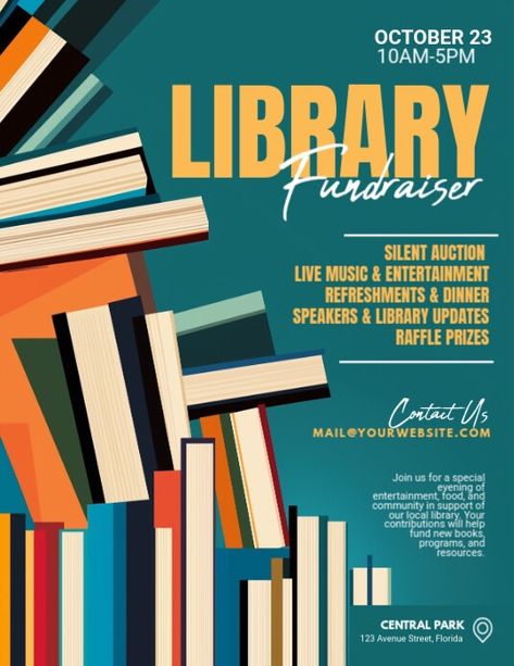 Aqua Illustrative Library Fundraiser Flyer (u | PosterMyWall Library Fundraiser, Event Poster Template, Linkedin Background Image, Fundraiser Flyer, Kindle Book Cover, Online Newsletter, Campaign Posters, Blog Header, Local Library