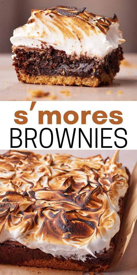 These s'mores brownies are a real summer treat! The gooiest chocolate fudgy brownies with a graham cracker crumb base and homemade toasted marshmallow frosting. Torch with a kitchen torch for a fun dinner activity. These taste like real s'mores, but even better! The chocolate brownies are so fudgy and gooey they are like the melty middle of s'mores. This easy to make recipe has relatively few ingredients and comes together in a simple step-by-step recipe. Delicious campfire treats! Easy Marshmallow Deserts, Best S’mores Brownies, S’more Brownies Recipe, Fudgy S'mores Brownies, S’mores Tart, Smore Recipes Ideas, S'mores Recipes, Desserts With Brownies, Brownies S’mores