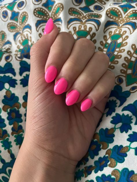 Hot pink short almond nails , pretty, bright Oval Nails Bright Colors, All Hot Pink Nails, Short Almond Hot Pink Nails, Hot Pink Dipped Nails, Summer Pink Nails Short, Hot Pink Oval Acrylic Nails, Summer Nail Colors 2024 Dip, Hot Pink Oval Nails, Almond Hot Pink Nails