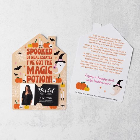 Experience the magic of captivating your target market with these enchanting real estate mailers. You can even slide your business card in the slots provided. Cast a spell of success and become the go-to agent! Halloween Real Estate Marketing Ideas, Halloween Windows, Pop Bys Real Estate, Magic Potion, Cast A Spell, Target Market, Tax Season, Halloween Displays, Trunk Or Treat