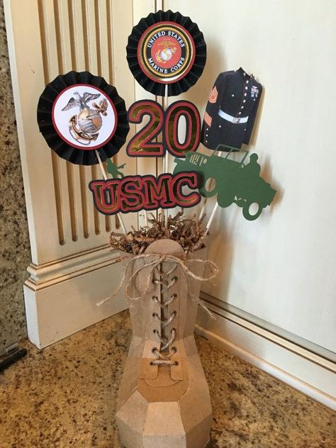 retirement party centerpieces Usmc Party, Army Promotion, Marine Retirement, Marine Corps Retirement, Retirement Party Centerpieces, Usmc Retirement, Marine Party, Usmc Birthday, Marine Graduation