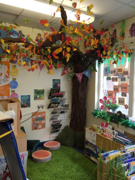 Woodland Faraway tree story book corner made with chicken wire and modroc Home Corner Eyfs, Book Corner Eyfs, Book Corner Classroom, Book Corner Display, Home Corner Ideas Early Years, Diy Library, Library Corner, Reading Corner Classroom, The Magic Faraway Tree