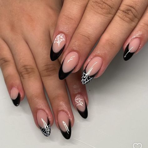 halloween nail inspo 🎃🥰 Any Halloween set is 15% off !! sale ends Oct 31 #nailtech #nailsnailsnails #nailxster #nailsofinstagram #halloween #halloweennails #spookyset #halloweendecor #inspo #nailinspiration #simple #gwinnett Black French Tip Halloween Nails, French Tip Halloween Nails, French Tip Halloween, Black French Nails, Black French Tip, Black French Tips, Black French, Halloween Nail, Oct 31