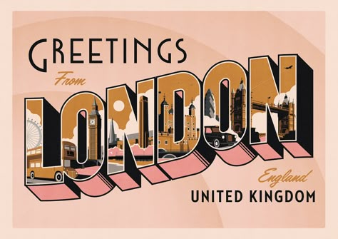 Greetings from ... Retro Postcard Style Prints on Behance Artist Postcards Design, Greeting From Postcard, Retro Postcards Illustrations, Postcard Poster Design, Greetings From Postcard Design, Vintage Post Card Design, Retro Postcard Design, Aesthetic Post Cards, Retro Greeting Card