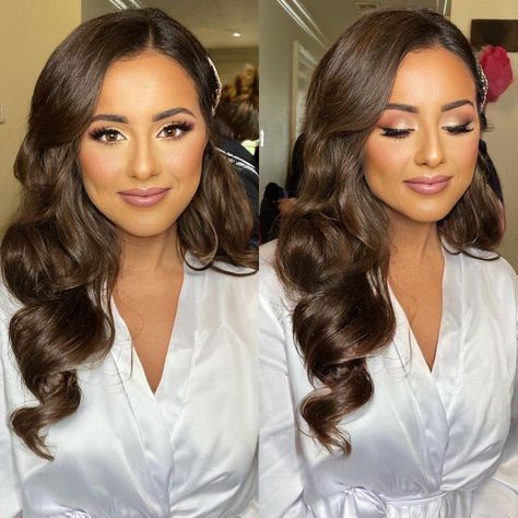 Wedding Hair And Make Up The Bride, Bridal Makeup Big Eyes, Glam Make Up For Brown Eyes, Pink Glam Bridal Makeup, Bridal Neutral Makeup, Bridal Makeup For Brown Eyes Full Glam, Bridal Makeup Brown Hair Brown Eyes, Soft Glam Wedding Makeup Brides Hazel Eyes, Glam Bridal Makeup Brunette