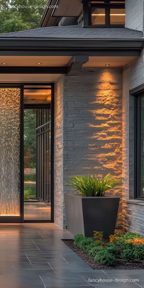 The eye-catching glass entrance door integrates tinted glass for privacy, offering a sleek, polished appearance for modern homes. Main Door Ideas Entrance House, Front Doors With Glass Panels, Residential Building Entrance, Glass Door Designs, Fachada Exterior, Glass Entrance, Glass Entrance Doors, Front Door Designs, Glass Door Design