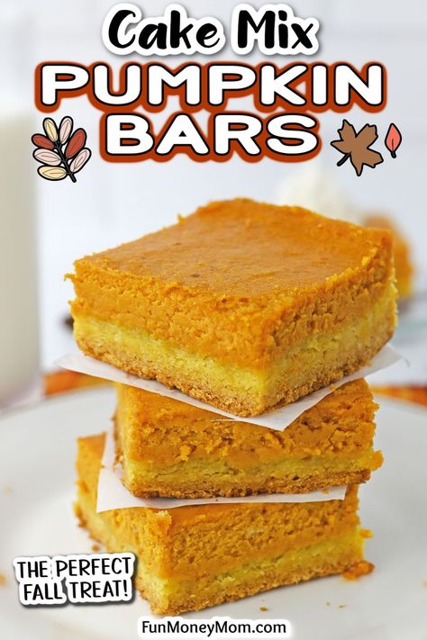 These Cake Mix Pumpkin Bars are an irresistible and easy treat that will be your new favorite pumpkin dessert! These rich and delicious bars are perfect for all your fall parties. Cake Mix Pumpkin Bars, Cake Mix Crust, Cake Mix Pumpkin, Easy Pumpkin Bars, Fall Desserts Pumpkin, Pumpkin Cake Mix, Cake Mix Bars, Pumpkin Dump, Easy Pumpkin Dessert