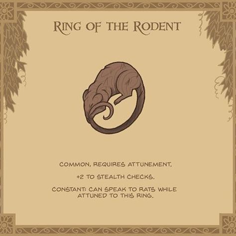 4. Ring of the rodent 🐭 - This simple wooden ring is carved to look like a rat clutching its own tail. #dnd #ring #gaming #rats #dungeonsanddragons #tabletopgames #magicitems #cute Dnd Ring, Dnd Treasure, James Gifford, Dnd Loot, Rpg Wallpaper, Dnd Homebrew, Dnd Stories, Dnd Items, Magical Items