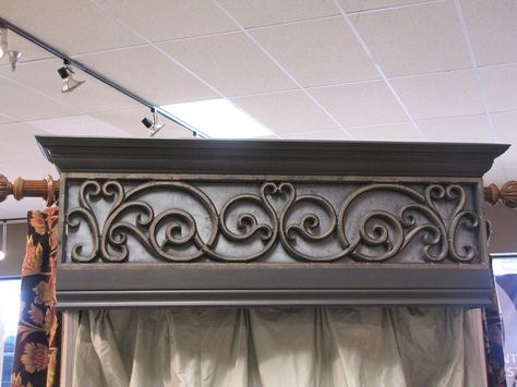 The cornice insert looks like it is made of wrought iron but it is actually custom made from a composite wood material - faux iron. Faux Iron Window, Window Valences, Ceiling Cornice, Faux Wrought Iron, Valences For Windows, Wooden Cornice, Wood Cornice, Cornice Board, Faux Iron