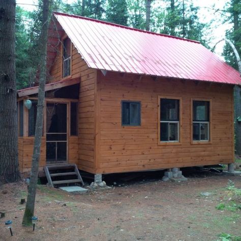 The Little Red Cabin: 320 Sq. Ft. Tiny Cabin with Loft Tiny Cabin With Loft, Small Cabin In The Woods, Small Log Cabin Kits, Building A Small Cabin, Red Cabin, Cabin Plans With Loft, Loft Floor Plans, Building A Small House, Small Cabin Plans