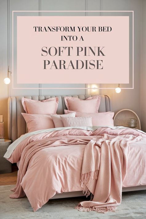 A bedroom featuring gradient pink bedding with blush and rose tones, layered with throw pillows, creating a soft and serene ambiance. Beige And Blush Bedroom, Pink Primary Bedroom, Coral Pink Bedroom, Cream And Pink Bedroom, Pale Pink Bedroom, Pale Pink Bedrooms, Blush And Gold Bedroom, Pink Bedding Sets, Pink And White Bedroom Ideas