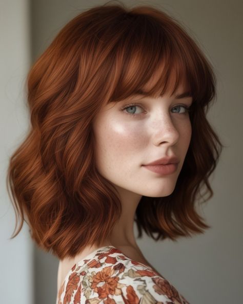 Autumn Auburn Long Bob with Fringe Redhead Long Bob, Short Auburn Hair With Bangs, Copper Long Bob, Auburn Bob Haircut, Auburn Short Hair, Long Bob Haircuts With Bangs, Auburn Hair Colour, Short Auburn Hair, Long Bob With Fringe