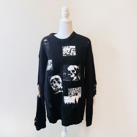 Nwt Hot Topic Black & White Knit Distressed Patchwork Long Sleeve Sweater Top Social Collision Size S Goth Skull Bat Dark Halloween Grunge Rocker Emo Scene Alt Patchwork Mixed Media Alternative Fashion Diy, Emo Sweater, Goth Sweaters, Social Collision, Goth Sweater, Halloween Grunge, Destroyed Sweater, Green Sweater Women, Hot Topic Sweaters