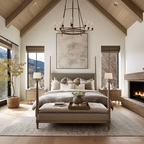 Large Black Windows, Modern Country Bedrooms, Warm Bedroom Colors, Modern Farmhouse Bedroom Ideas, Open Living Room Design, Farmhouse Bedroom Ideas, Modern Farmhouse Bedroom, Modern Luxury Bedroom, Luxury Bedroom Master