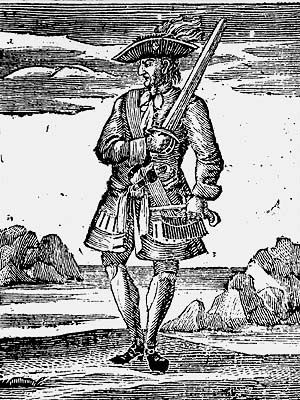 Calico Jack Rackham, from an early 18th century engraving made by an artist who had never seen him. John  "Calico Jack" Rackham had mediocre accomplishments as a pirate. His fame comes from the fact that two most famous woman pirates, Anne Bonny and Mary Read sailed under his flag. He was hung at Gallows Point in Port Royal, Jamaica on November 18, 1720. His body was later placed in a gibbet on a small sandbar in the harbor now known as Rackham's Cay. Jack Rackham, Ching Shih, Jack Johns, Anne Bonny, Pirate History, Famous Pirates, Calico Jack, Golden Age Of Piracy, Long John Silver