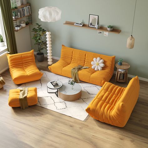 Magic Home Modern Sectional Sofa Togo Sofa Lazy Sofa Foam Couch Floor Sofa Velvet Couch for Living Room and Apartment,6 Seat Sofa and Ottoman,Yellow - Walmart.com Couch Foam, Creative Beds, Sofa With Ottoman, Floor Couch, Foam Sofa, Floor Sofa, Togo Sofa, 3 Piece Sofa, Teddy Fabric