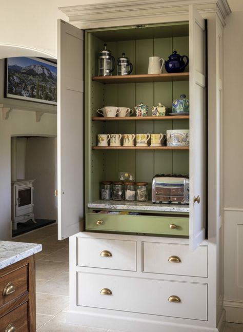 Bespoke green hand painted breakfast cabinet Elegant Coffee Bar Ideas, Elegant Coffee Bar, Tall Kitchen Cabinet, Georgian Kitchen, Country House Kitchen, Tall Kitchen Cabinets, Armac Martin, Cabinet Inspiration, Coffee Bar Ideas