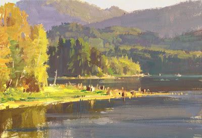 Gouache Inspiration, Gouache Landscape Painting, Mike Hernandez, Landscape Gouache, Gouache Landscape, Lake Washington, Landscape Concept, Art News, Gouache Art