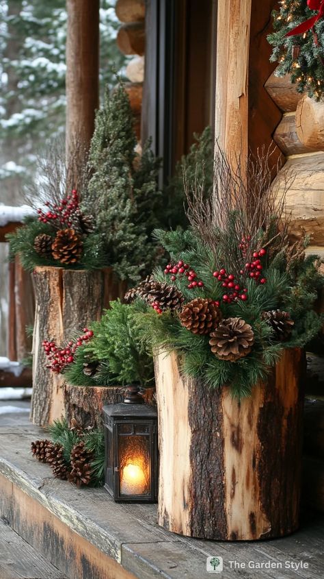 Cozy and Creative Christmas Porch Decorating Ideas on a Budget - The Garden Style Christmas Decor Store, Christmas Porch Decorating Ideas, Porch Decorating Ideas, Christmas Planters, Decorating Ideas On A Budget, Christmas Porch Decor, Natural Christmas, Christmas Greenery, Christmas Arrangements