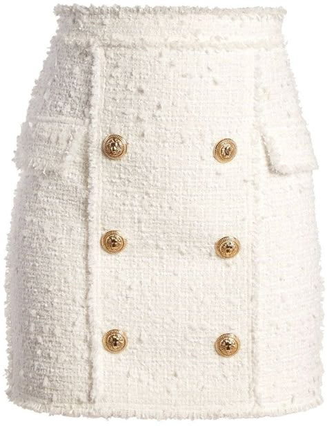 Balmain Button-embellished tweed mini skirt Kylie Jenner Balmain, Balmain Leather Jacket, White Ruffle Mini Skirt, Skirt Frill, White Tweed Skirt, Gaun Koktail, Frilled Skirt, Tweed Fashion, Tweed Outfit