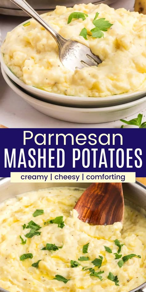 These Parmesan Mashed Potatoes are irresistibly creamy and luxuriously buttery, with a tangy twist from a little cream cheese. This is the best easy side dish that will instantly elevate any meal. A fluffy bowl of cheesy mashed potatoes brings a touch of elegance to the holiday table and will make your Thanksgiving feast even more memorable. Mashed Potatoes With Parmesan Cheese, Cheesy Baked Mashed Potatoes Recipe, Parmesan Potatoes Mashed, Southern Mashed Potatoes, Mash Potato Recipes, Thanksgiving Mashed Potatoes Recipe, Traditional Mashed Potatoes Recipe, Mashed Potatoes With Cream Cheese, Cheesy Mashed Potatoes Recipe