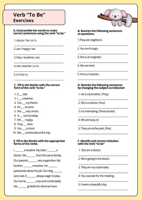 Verb To Be Exercise Worksheet Yellow Cute Simple Style - Templates by Canva Esl To Be Worksheet, What's This Worksheet, To Be Exercises English, Verbs To Be Worksheet, To Be Verb Grammar, Verb Be Worksheets For Kids, To Be Verbs Worksheet, Verb To Be Worksheets For Kids, To Be Worksheet For Kids