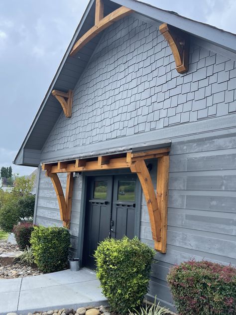 Gable Roof Front Porch, Gable Over Front Door, Portico Over French Doors, Window Roof Design, Adding Roof Over Front Door, Roof Gables Ideas, Cedar Awning Over Window, Back Door Awning Ideas, Wood Beam Above Window Exterior