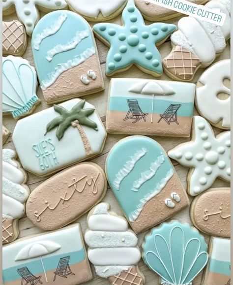 Beach Theme Royal Icing Cookies, Nautical Birthday Cookies, Beach Birthday Cookies Decorated, Ocean Theme Cookies Decorated, Beach Theme Birthday Cookies, Beach Retirement Cookies, Lake Cookie Ideas, Beach Themed Cookies Decorated, Beach Theme Sugar Cookies