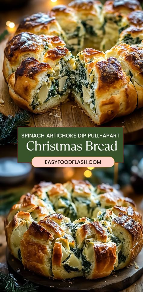 This festive and cheesy pull-apart bread is filled with a creamy spinach artichoke dip, making it the perfect addition to holiday gatherings. Warm and gooey, this bread is a hit for both appetizers and side dishes at any celebration. Artichoke Bread Recipe, Creamy Spinach Artichoke Dip, Artichoke Appetizer, Artichoke Bread, Christmas Gifting Ideas, Cheesy Pull Apart Bread, Spinach Bread, Baked Sandwiches, Bread Pull Apart Recipes