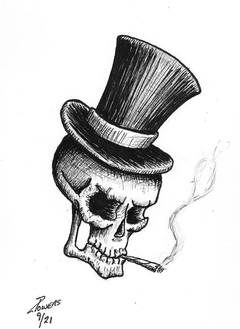 Top Hat Drawing, Skull With Top Hat, Skull Sketch, Sketch Ink, Art Drawing Sketch, Baby Bird, Top Funny, Ink Pen, Digital Art Tutorial