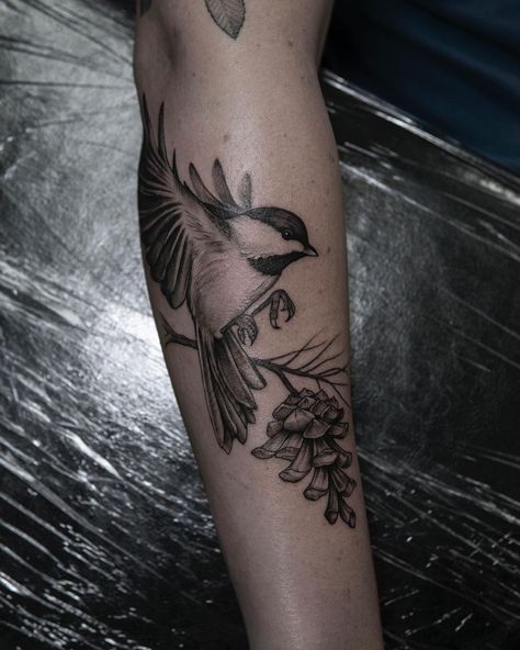 Flying Chickadee Tattoo, Stellers Jay Tattoo, Ankle Nature Tattoo, Garden Bird Tattoo, Gold Finch Tattoo, Animal Arm Tattoo, Meadowlark Tattoo, Bird Tattoo Arm, Woodland Tattoo Sleeve