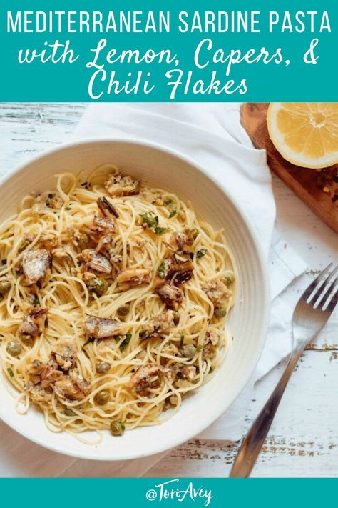 Mediterranean Sardine Pasta with Lemon, Capers and Chili Flakes - Easy, delicious and heart healthy recipe for capellini or spaghetti pasta with light lemon olive oil sauce. #mediterraneanrecipe #sardines #capers #lemon #easyrecipe #TorisKitchen Sardine Recipes Canned, Olive Oil Sauce, Sardine Pasta, Pasta With Lemon, Sardine Recipes, Jewish Food, Lemon Olive Oil, Lemon Pasta, Kosher Recipes