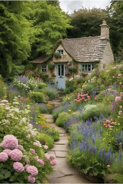 An English Cottage Garden is a charming and picturesque style of gardening that reflects the quaint beauty of rural England. It’s a delightful blend of informal design, colorful blooms, and abundant plantings that evoke a sense of nostalgia and romance.  Design layout, flowers, design, ideas, plants, front yard, lay out, patio, small, shed, border, fence. Informal Garden Ideas, Overgrown Home Aesthetic, English Hillside Garden, English Garden Curb Appeal, English Cottage Yard, England Garden Design, English Cottages And Gardens, Cottage Flowers Garden, Country Cottage Garden Design