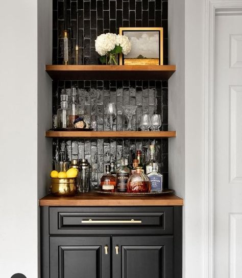 How To Set Up A Home Bar - Wondafox How To Decorate A Wet Bar, Basement Tv And Bar Ideas, Wet Bar Ideas With Sink Nook, Bar In Alcove Built Ins, Home Bar Niche, Built In Mini Bar Nooks, Old Wet Bar Makeover, Closet To Bar Ideas, Small Nook Bar Ideas