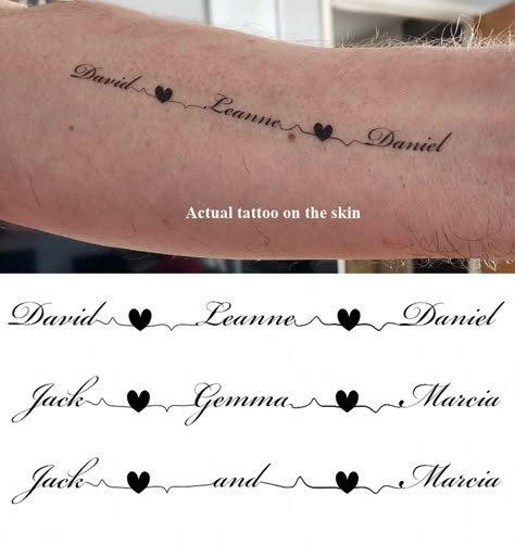 Small Heart Pulse Family, Children's, Love Forever Name Tattoo x3.  Approx Size 122mm Long. This item is a set of 3 tattoos as shown in the picture with names of your choosing. PLEASE NOTE SPECIAL CHARACTERS CAN NOT BE PRINTED. YOU CAN HAVE AS MANY NAMES AS YOU WANT ON THIS TATTOO PROVIDING THEY CAN FIT. THOUGH IT IS BEST SUITED TO 2 OR 3 NAMES. PLEASE WRITE NAMES YOU WANT PRINTED IN THE BOX PROVIDED Small Tattoos Names, 3 Children’s Name Tattoos, Loved Ones Name Tattoo, Family Names Tattoo Ideas, Multiple Names Tattoo, Siblings Names Tattoo, Children Name Tattoo, Childrens Name Tattoos For Mom, 3 Names Tattoo Ideas