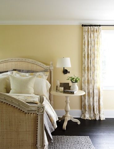 house and home bedroom Walls In Bedroom, Cream Color Bedroom, Light Yellow Walls, Yellow Bedroom Walls, Color Curtains, Bedroom Yellow, Yellow Furniture, Blue Accent Walls, Yellow Room