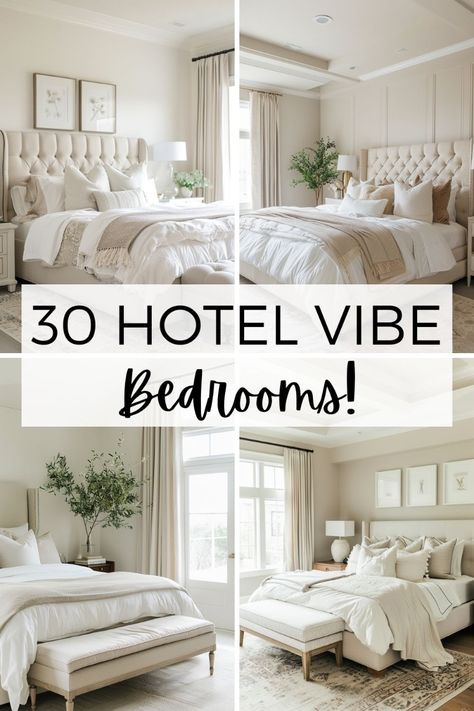 Discover luxurious bedroom ideas with these 30 hotel-inspired designs. Each space exudes a cozy, aesthetic vibe, blending modern and modern farmhouse styles to create a relaxing retreat perfect for any home. King Bedroom Frame, King Size Bed Master Bedrooms Minimalist, Beautiful Guest Bedrooms Modern, Small Bedroom Ideas Hotel Style, White Linen Bedroom Ideas, Ideas For Cozy Bedroom, New Home Ideas Decorating Interior Design Master Bedrooms, Master King Bedroom Ideas, Simple And Elegant Bedroom Design